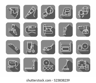 Construction tools, consumables, icons, contour, gray. Vector, white contour drawings of equipment for construction and renovation on a gray background with shadow. 