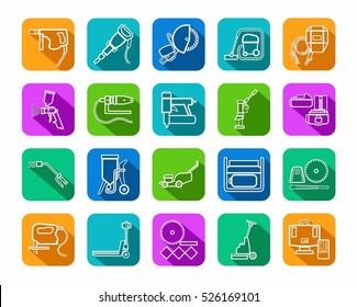 Construction tools, consumables, icons, contour, colored. Vector, white contour drawings of equipment for construction and renovation on a colored background with a shadow. 