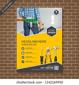 construction tools cover A4 template for a report and brochure design, flyer, leaflets decoration for printing and presentation vector illustration