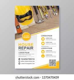 Construction tools cover a4 template and flat icons for a report and brochure design, flyer, banner, leaflets decoration for printing and presentation vector illustration