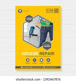 Construction tools cover a4 template and flat icons for a report and brochure design, flyer, banner, leaflets decoration for printing and presentation vector illustration