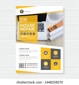 Construction tools cover a4 template and flat icons for a report and brochure design, flyer, banner, leaflets decoration for printing and presentation vector illustration