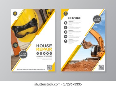 Construction tools cover, back page a4 template and flat icons for a report and brochure design, flyer, banner, leaflets decoration for printing and presentation vector illustration