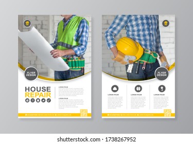 Construction tools cover, back page a4 template and flat icons for a report and brochure design, flyer, banner, leaflets decoration for printing and presentation vector illustration