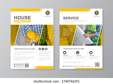 Construction tools cover, back page a4 template and flat icons for a report and brochure design, flyer, banner, leaflets decoration for printing and presentation vector illustration