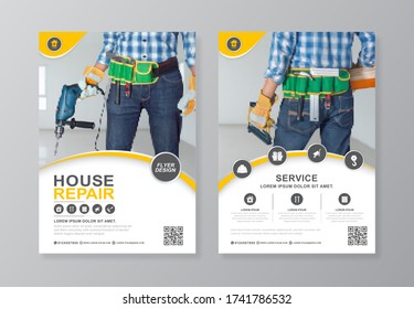 Construction tools cover, back page a4 template and flat icons for a report and brochure design, flyer, banner, leaflets decoration for printing and presentation vector illustration
