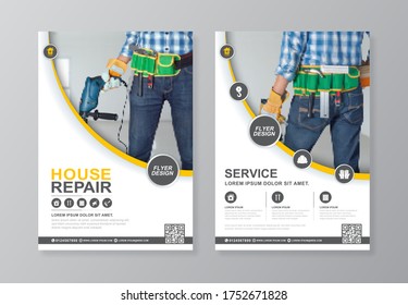 Construction tools cover, back page a4 template and flat icons for a report and brochure design, flyer, banner, leaflets decoration for printing and presentation vector illustration