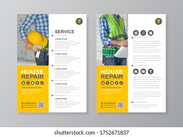 Construction tools cover, back page a4 template and flat icons for a report and brochure design, flyer, banner, leaflets decoration for printing and presentation vector illustration