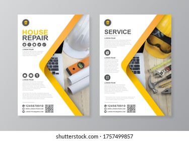 Construction tools cover, back page a4 template and flat icons for a report and brochure design, flyer, banner, leaflets decoration for printing and presentation vector illustration