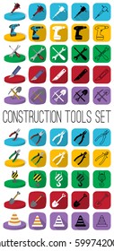 Construction tools in different style: outline, black and white silhouette, colorful and isometric. Modern industrial instrument icons..