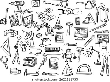 Construction tools doodle icons. Hand-drawn vector illustration on white background.