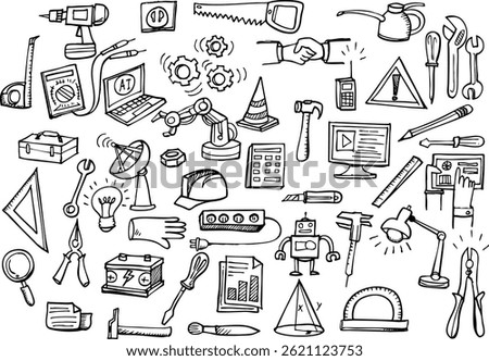 Construction tools doodle icons. Hand-drawn vector illustration on white background.