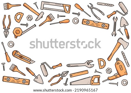 Construction tools, doodle vector set of repair elements, cartoon icons