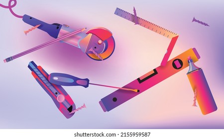 Construction tools and drawing devices in space. Vector banner