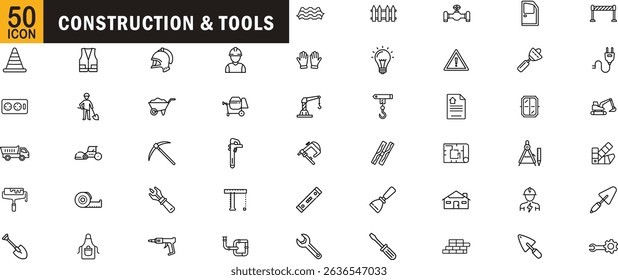 Construction and tools editable outline icon set. Tools, helmet, wrench, excavator, safety, blueprint and more
