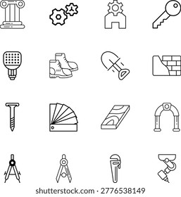 construction tools and elements vector icons, column, gears, key, boots, shovel, brick wall, nail, wood, arch