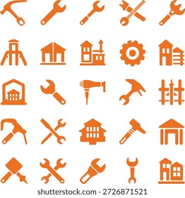 Ferramentas de construção e conjunto de ícones de engenharia - Construindo símbolos de vetor de hardware