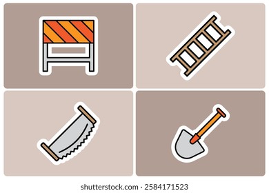 Construction Tools and Equipment Doodle Icon Sticker Set. Ladder, Saw, Shovel, and Barrier