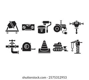 construction tools and equipment glyph icons set