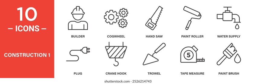Construction Tools and Equipment Icon Set: 10 Line Icons Including Builder, Hand Saw, Paint Brush, and More
