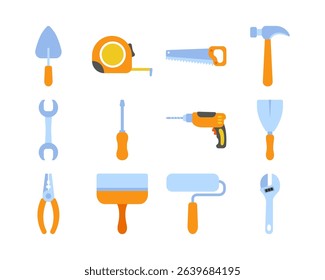 Construction tools and equipment icons in flat design illustration