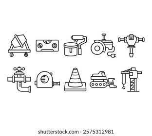 construction tools and equipment line icons set