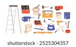 Construction tools and equipment set. Building and repair toolbox. Ladder, drill, hammer, roller, level, work instruments, renovation supplies. Flat vector illustration isolated on white background
