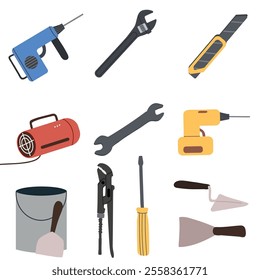 Construction tools and equipment set. Building and repair toolbox. Drill, work instruments, renovation supplies. Flat vector hand drawn illustration isolated on white background