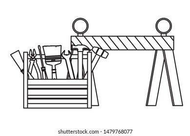 Construction tools and equipment toolbox and barrier cartoons vector illustration graphic design.