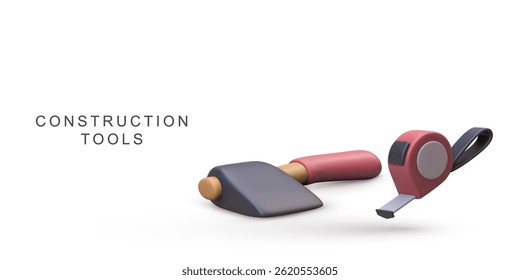 Construction Tools Featuring 3D Trowel And Measuring Tape For Building, Repair, DIY, Maintenance, Engineering, And Craft Projects, Minimalist And Clean Design, Vector Illustration.