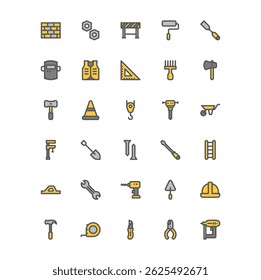 Conjunto de iconos de contorno lleno de herramientas de construcción. Conjunto de iconos de línea de color de equipo de construcción.