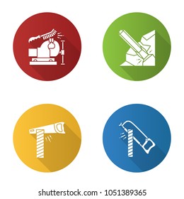 Construction tools flat design long shadow glyph icon. Bench vice and wire brush, iron chisel, hand saw and hacksaw cutting wooden board. Vector silhouette illustration