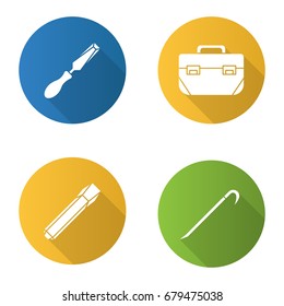 Construction tools flat design long shadow glyph icons set. Chisels, tool box, crowbar. Vector silhouette illustration