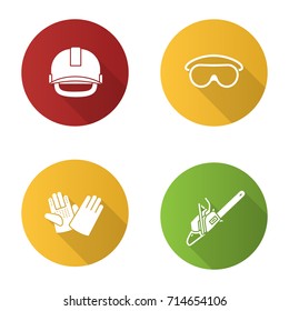 Construction tools flat design long shadow glyph icons set. Industrial safety helmet, goggles, chainsaw, construction gloves. Vector silhouette illustration