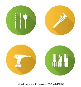 Construction tools flat design long shadow glyph icons set. Screwdriver bits, slide gauge, power drill. Vector silhouette illustration