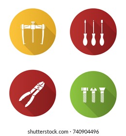 Construction tools flat design long shadow glyph icons set. Bearing puller, set of screwdrivers, metal bolts, combination pliers. Vector silhouette illustration