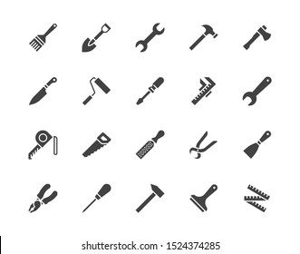 Construction tools flat glyph icons set. Hammer, screwdriver, saw, spanner, paintbrush vector illustrations. Black signs for carpenter, builder equipment store. Silhouette pictogram pixel perfect