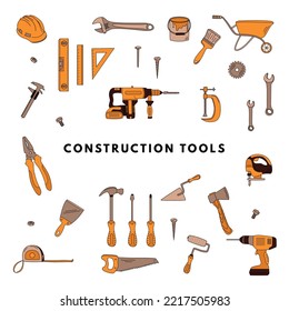 Construction tools. Flat hand drawn elements. The concept of home renovation, construction.