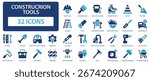 Construction tools flat icons collection. Sledgehammer, shovel, ladder, saw, concrete mixer, trowel, generator, pliers, hammer, screwdriver sign set.
