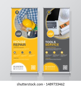 Construction tools and flat icons roll up design, standee and banner template decoration for exhibition, printing, presentation vector illustration