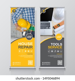 Construction tools and flat icons roll up design, standee and banner template decoration for exhibition, printing, presentation vector illustration