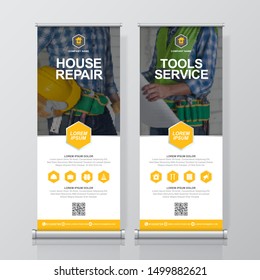 Construction tools and flat icons roll up design, standee and banner template decoration for exhibition, printing, presentation vector illustration