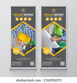 Construction tools and flat icons roll up design, standee and banner template decoration for exhibition, printing, presentation vector illustration