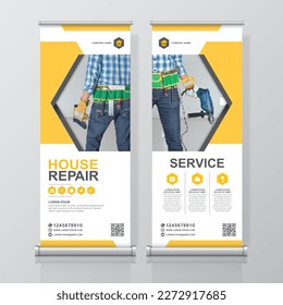 Construction tools and flat icons roll up design, standee and banner template decoration for exhibition, printing, presentation vector illustration