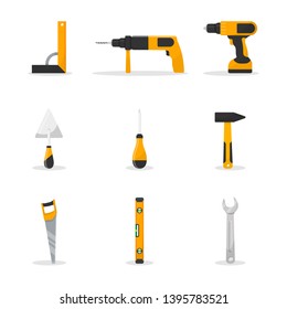 Construction tools flat illustrations vector set. Renovation and repair instruments. Indoor home work equipment isolated cliparts pack. House building items collection. Saw, screwdriver, dril