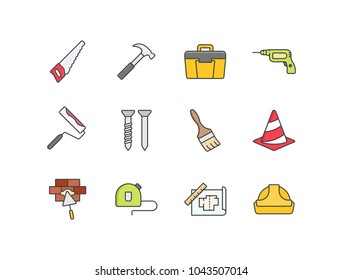 Construction tools flat line colored icons set with saw, hammer, toolbox, electric drill, roller brush, nail, warning cone, measure tape, plan draft, safety helmet.