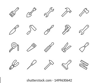 Construction tools flat line icons set. Hammer, screwdriver, saw, spanner, paintbrush vector illustrations. Outline signs for carpenter, builder equipment store. Pixel perfect. Editable Strokes.