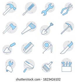 Juego de iconos de línea plana de herramientas de construcción. Ilustraciones vectoriales de martillo, destornillador, sierra, spanner, pincel. Colección de diseño aislada sobre fondo blanco.