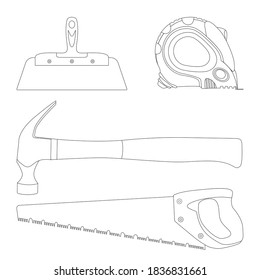 Construction tools flat line icons set. Hammer, saw, putty knife and roulette vector illustrations. Outline signs for carpenter, builder equipment store. Editable Strokes.