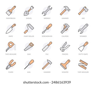 Construction tools flat line icons set. Hammer, screwdriver, saw, spanner, paintbrush vector illustrations. Outline signs for carpenter, builder equipment store. Orange color. Editable Strokes